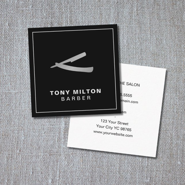 Minimalist Black Faux Silver Razor Barber Square Business Card (Creator Uploaded)