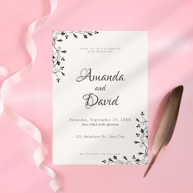 Minimalist Black Floral Corner Wedding Invitation (Creator Uploaded)