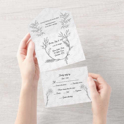 Minimalist Black Floral Leaves and Flowers On Whit All In One Invitation