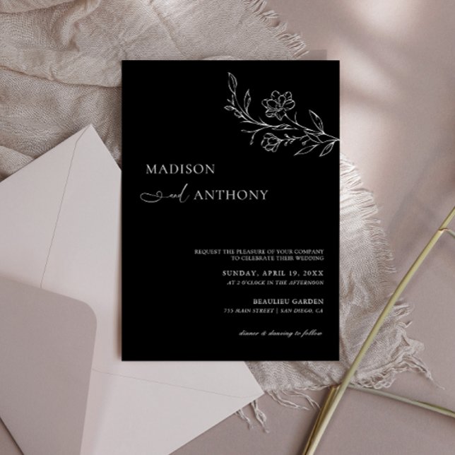 Minimalist Black Floral Line Art Wedding  Invitation (Creator Uploaded)