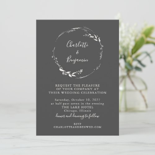 Minimalist Black Floral Wreath All_in_One Wedding Invitation