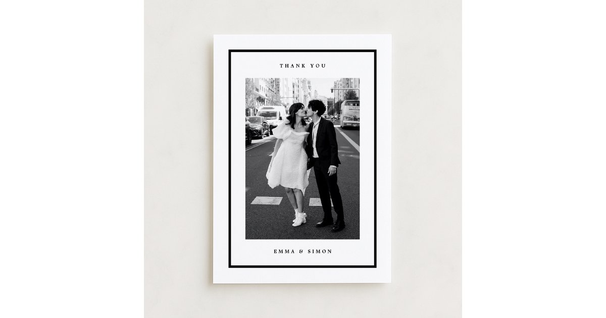 Minimalist Black Frame Photo Wedding Thank You Card | Zazzle