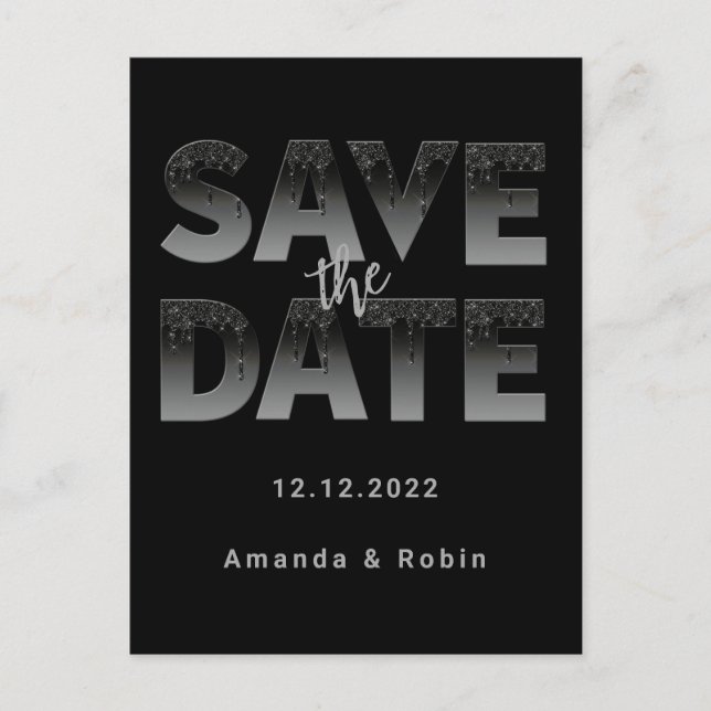 Minimalist Black Glitter Drip Wedding Announcement Postcard (Front)