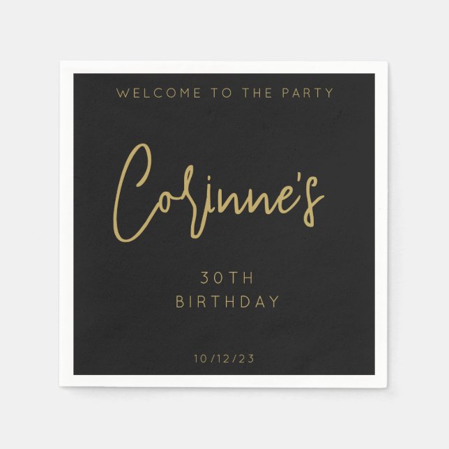 Minimalist Black Gold 30th Birthday Party Napkins (Front)