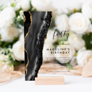 Minimalist Black Gold Agate Geode 40th Birthday Acrylic Invitations