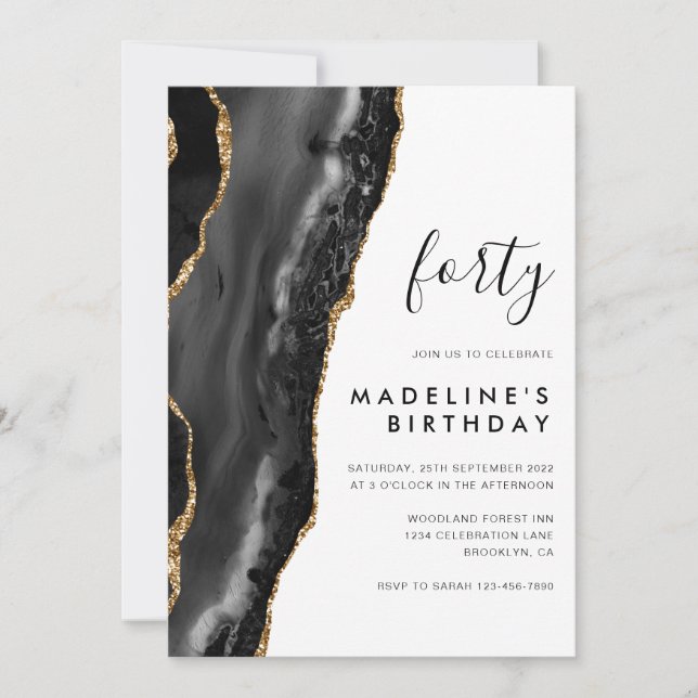 Minimalist Black Gold Agate Geode 40th Birthday Invitation (Front)