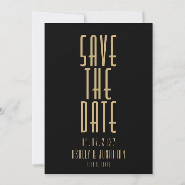 Minimalist Black Gold Art Deco Wedding Save The Date (Front)