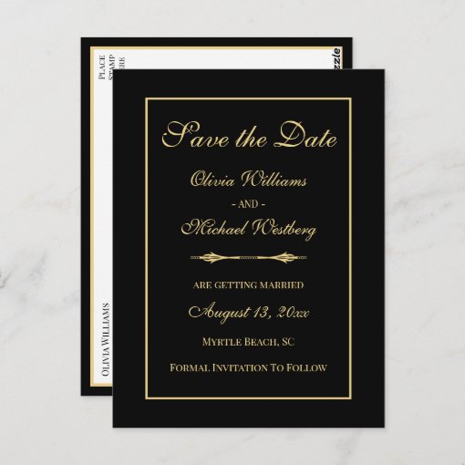 Minimalist Black Gold Chic Elegant Save The Date Postcard | Zazzle