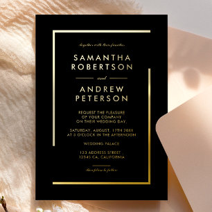 Minimalist black gold chic elegant wedding foil invitation