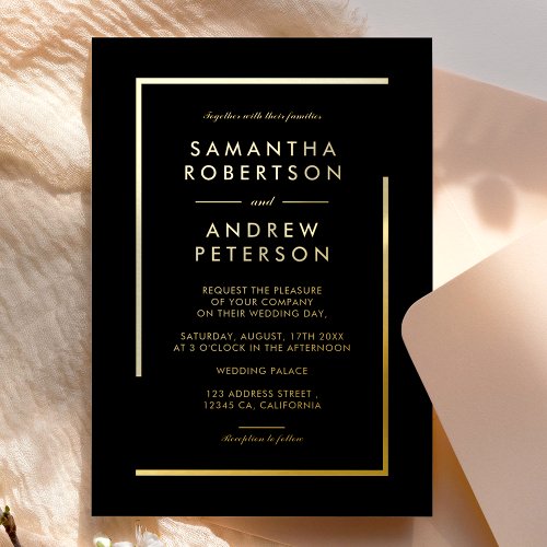 Minimalist black gold chic elegant wedding foil invitation