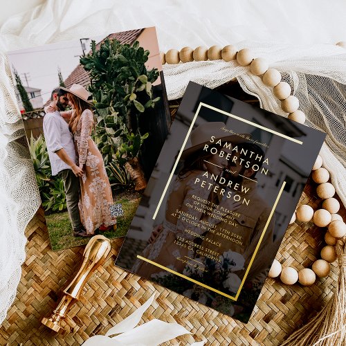 Minimalist black gold chic elegant wedding photos foil invitation