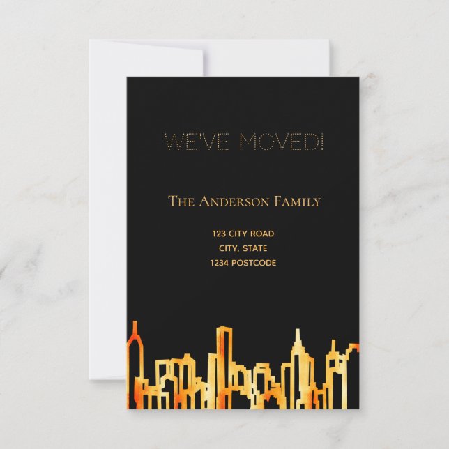 Minimalist black gold city skyline we moved announcement (Front)