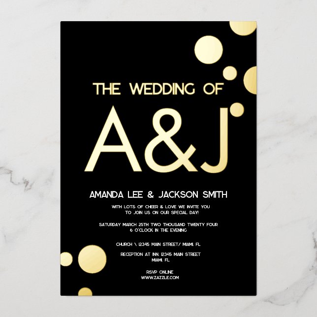 Minimalist Black Gold Dots Wedding  Foil Invitation (Front)
