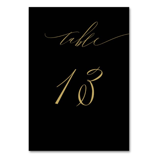 Minimalist Black Gold Elegant Script 13 Wedding Table Number (Front)