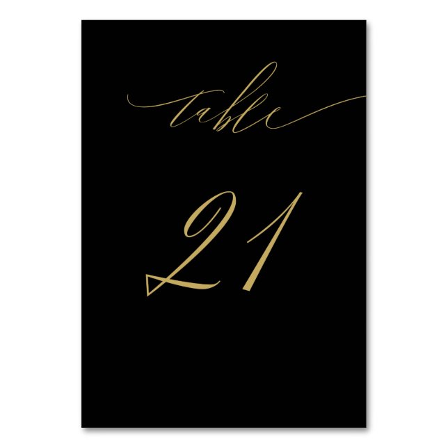 Minimalist Black Gold Elegant Script 21 Wedding Table Number (Front)