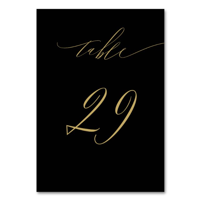 Minimalist Black Gold Elegant Script 29 Wedding Table Number (Front)