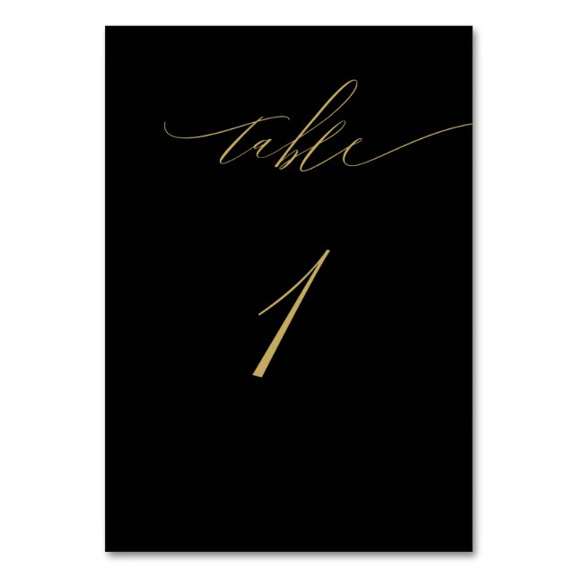 Minimalist Black Gold Elegant Script No 1 Wedding Table Number (Front)