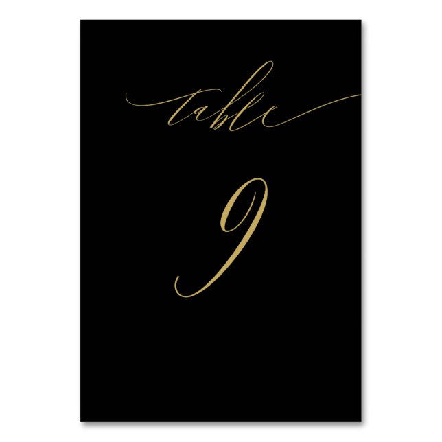 Minimalist Black Gold Elegant Script No 9 Wedding Table Number (Front)