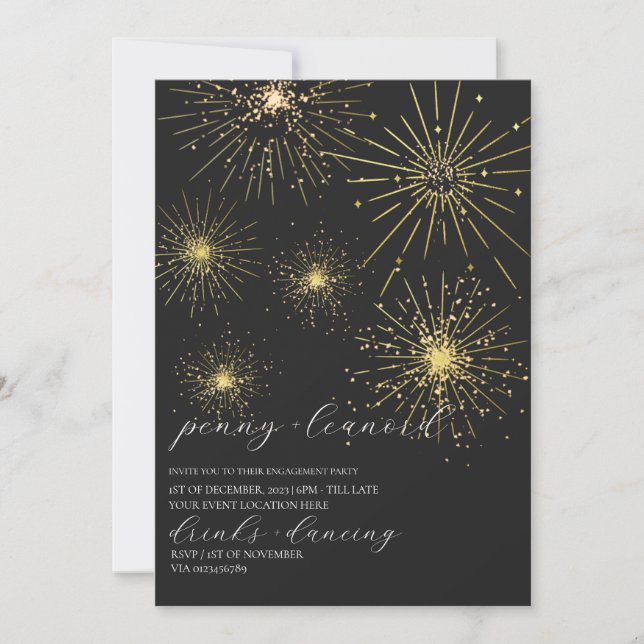 Minimalist Black Gold Fireworks Engagement Party  Invitation (Front)