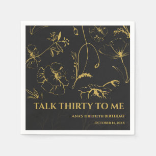 Minimalist Black / Gold Floral 30th Birthday Paper Napkins