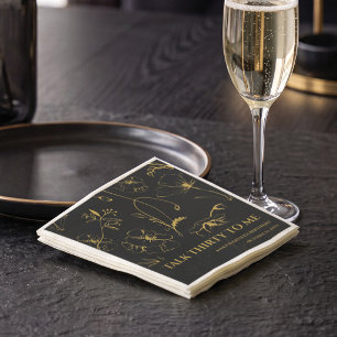 Minimalist Black / Gold Floral 30th Birthday Paper Napkins