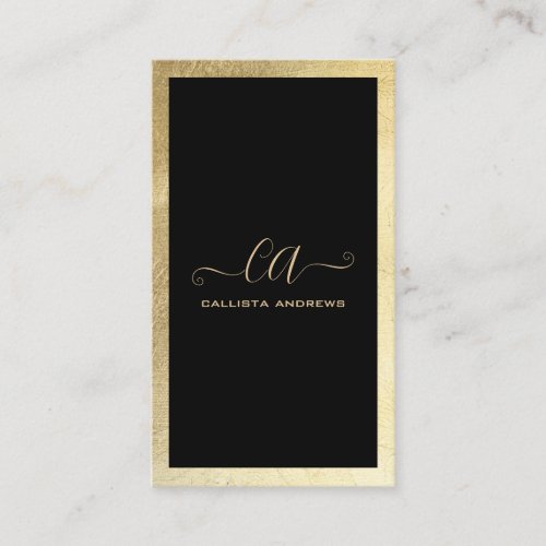 Minimalist Black Gold Foil Border Monogram Business Card