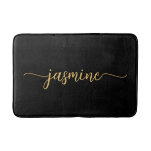 Minimalist Black Gold Girly Monogram Name Script Bath Mat