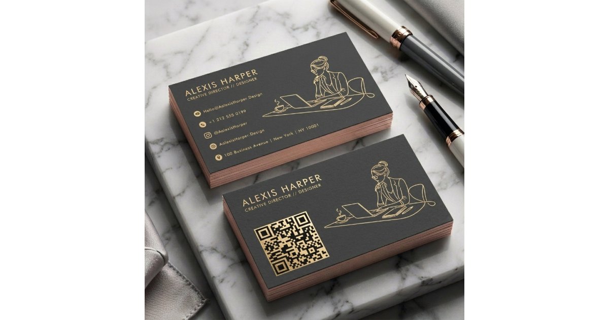 Minimalist Black Gold Modern QR Code Line Art Business Card | Zazzle