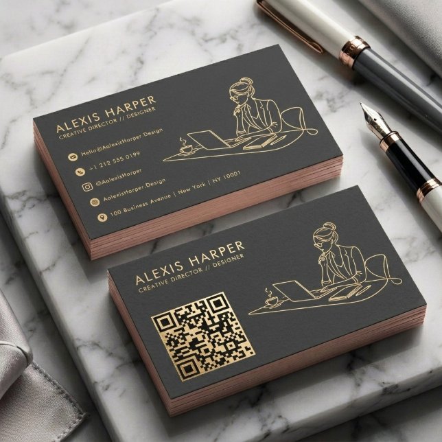 Minimalist Black Gold Modern QR Code Line Art Business Card (Minimalist Black & Gold Line Art QR Code Business Card)