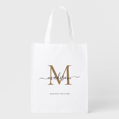 Minimalist Black Gold Monogram Girly Script Name Grocery Bag