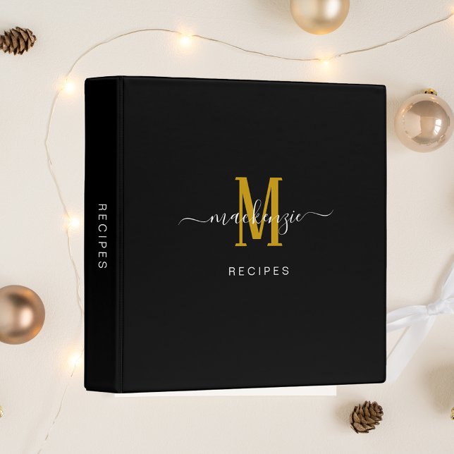 Minimalist Black Gold Monogram Modern Script Name 3 Ring Binder (Creator Uploaded)
