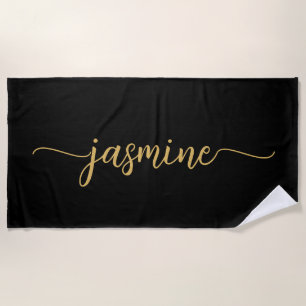 Minimalist Black Gold Monogram Name Huge Script Beach Towel