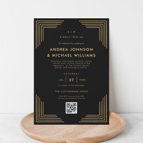 Minimalist Black Gold QR Code Wedding Invitation