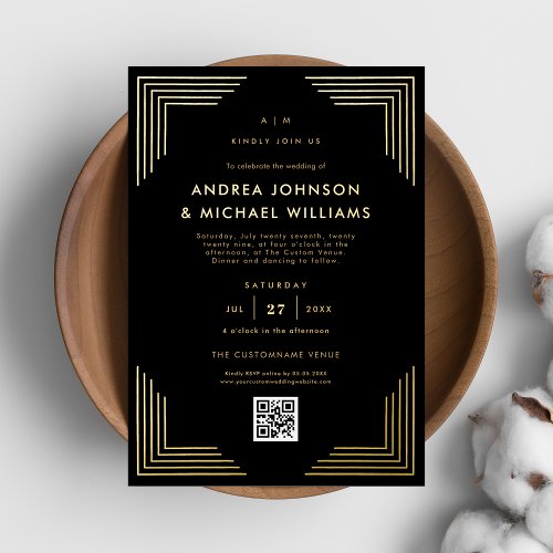 Minimalist Black Gold QR Code Wedding Real Foil Invitation