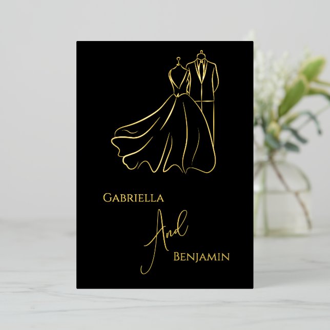 Minimalist Black Gold Script Formal Wedding Foil Invitation (Standing Front)
