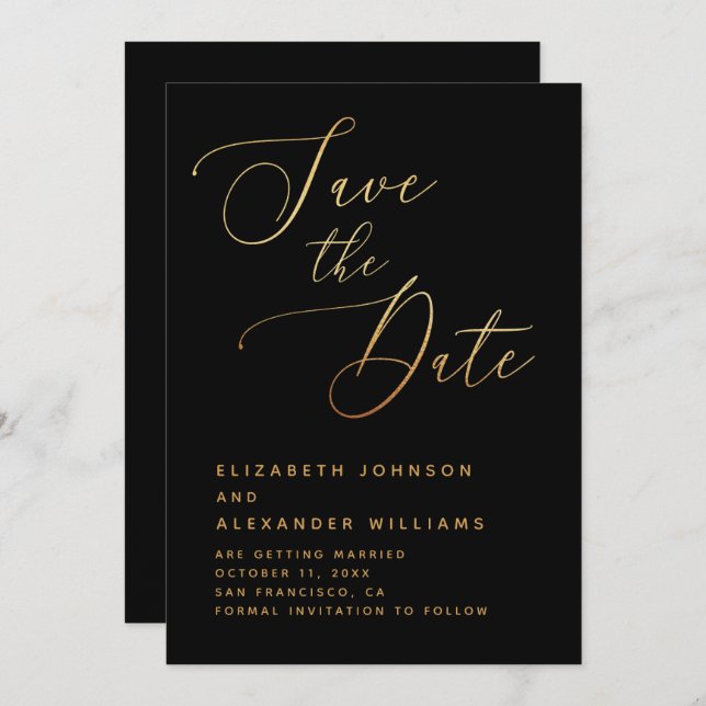 Minimalist Black & Gold Script | Formal Wedding Save The Date (Front/Back)