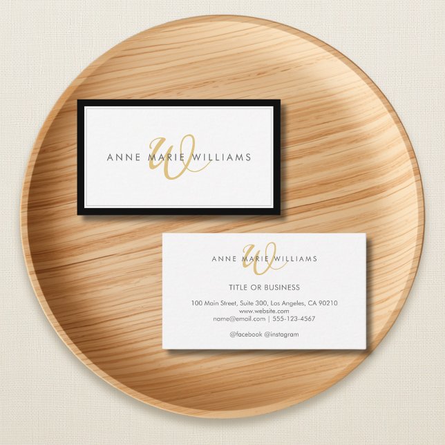Minimalist Black Gold Script Two Border Monogram Business Card (Creator Uploaded)