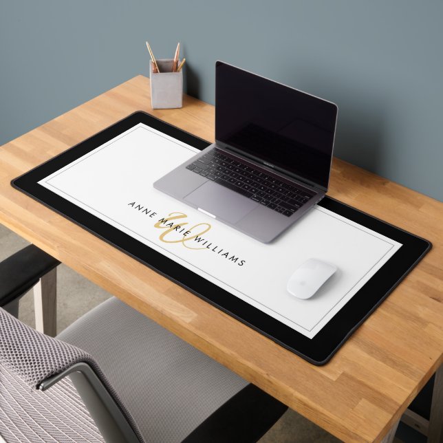 Minimalist Black Gold Script Two Border Monogram Desk Mat (Office 2)