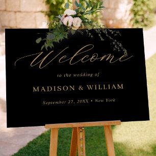 Minimalist Black Gold Script Wedding Welcome Sign