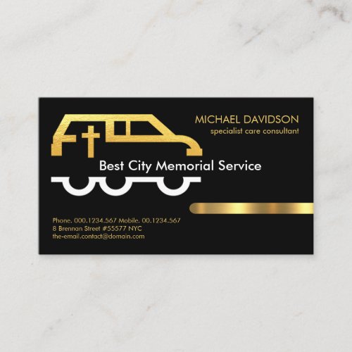 Minimalist Black Gold Stripe Memorial Service Business Card