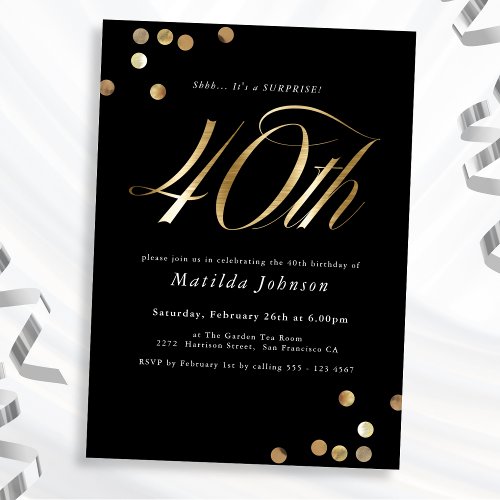 Minimalist Black Gold Surprise 40th Birthday Party Invitation