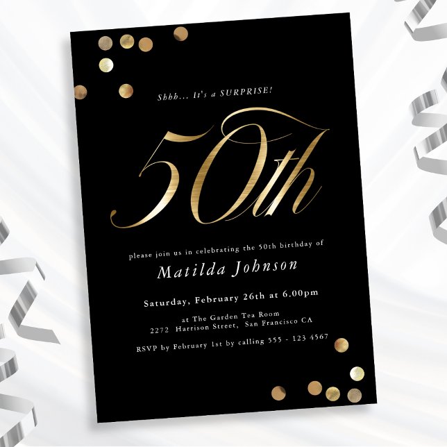 Minimalist Black Gold Surprise 50th Birthday Party Invitation (Mockup View)