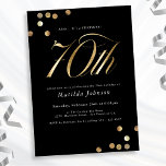 Minimalist Black Gold Surprise 70th Birthday Party Invitation<br><div class="desc">Minimalist Black Gold Surprise 70th Birthday Party Invitation. This design embraces a black and gold minimalist theme that exudes modern elegance. The invitation features a sleek black background, providing a sophisticated canvas for the opulent gold accents. Modern, stylish typography takes center stage, with serif fonts, creating a striking and elegant...</div>