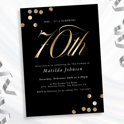 Minimalist Black Gold Surprise 70th Birthday Party Invitation