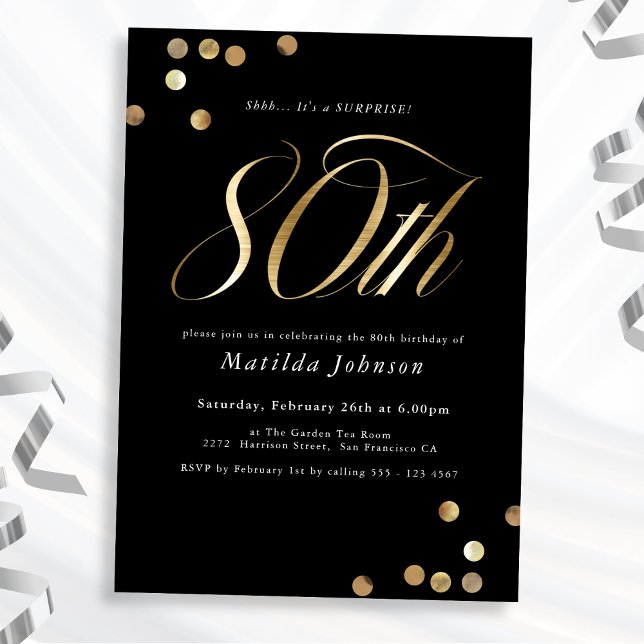Minimalist Black Gold Surprise 80th Birthday Party Invitation (Mockup View)