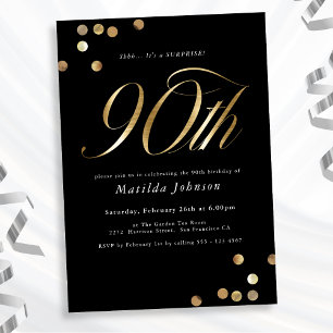 Minimalist Black Gold Surprise 90th Birthday Party Invitation