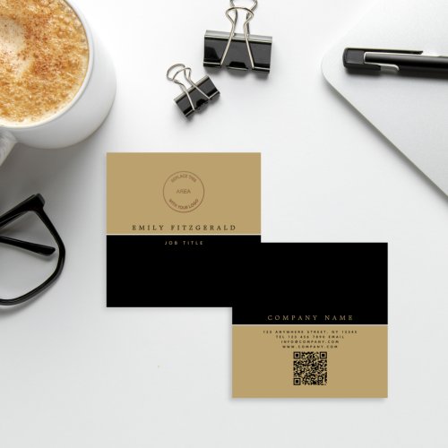Minimalist Black Gold Typography Logo QR code Square Business Card