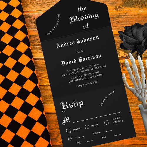 Minimalist Black Gothic Goth Modern Dark Wedding All In One Invitation