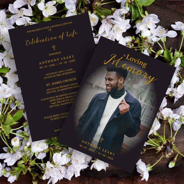 Minimalist Black Gradient Overlay Photo Funeral Invitation (Minimalist Black Fake Golden Effect Transparency Overlay Photo Funeral Card with Envelope. )