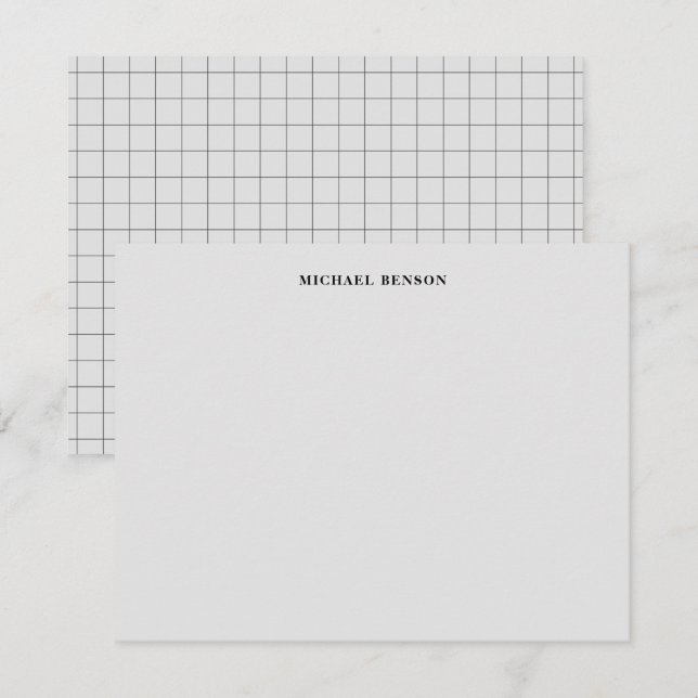 Minimalist Black Gray Grid Monogram Professional Note Card (Front/Back)